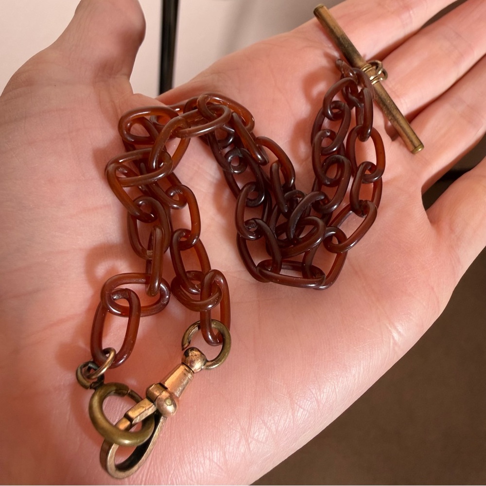 Antique gold fill tortoise shell celluloid Watch chain art deco necklace 16 in